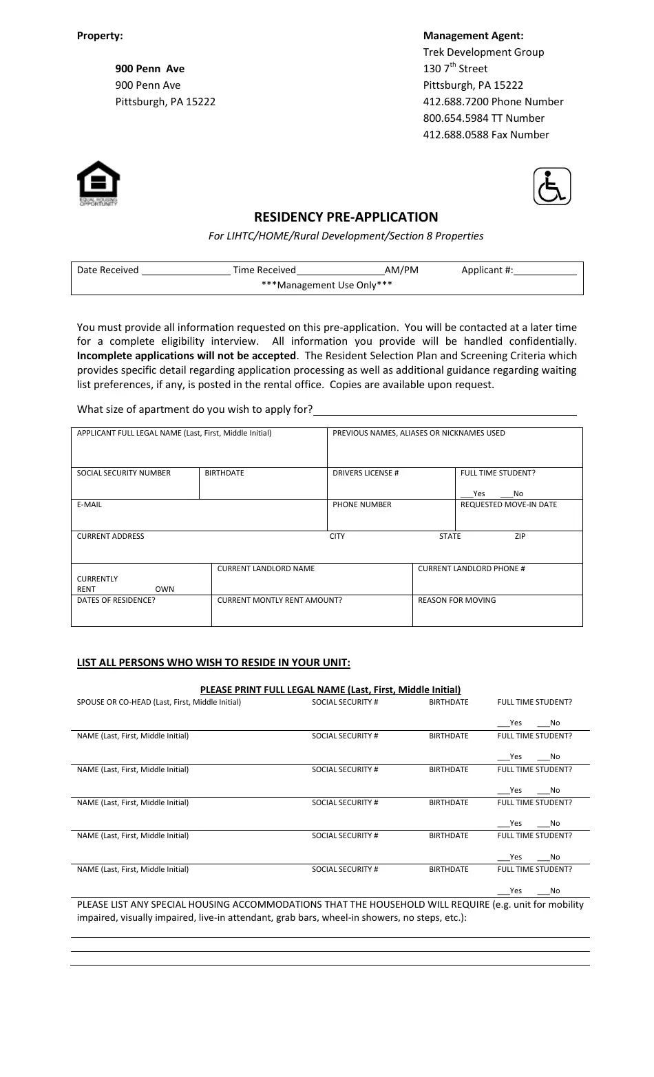 Pennsylvania Residency Pre application Form For LIHTC Home Rural 