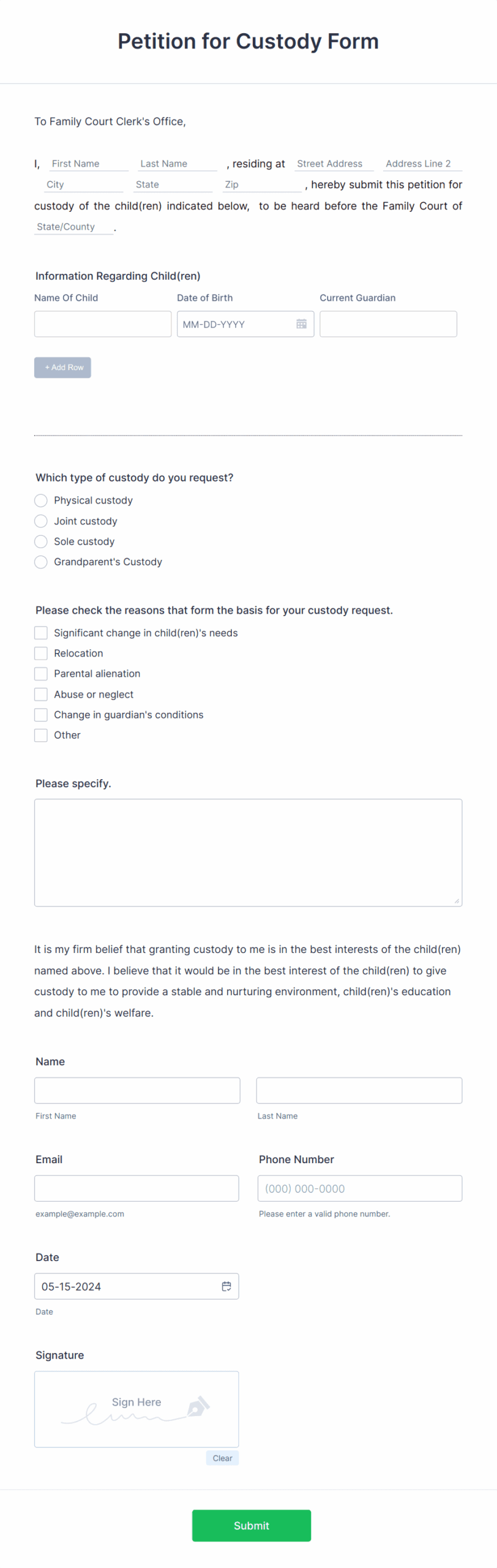 Child Custody Legal Form Template
