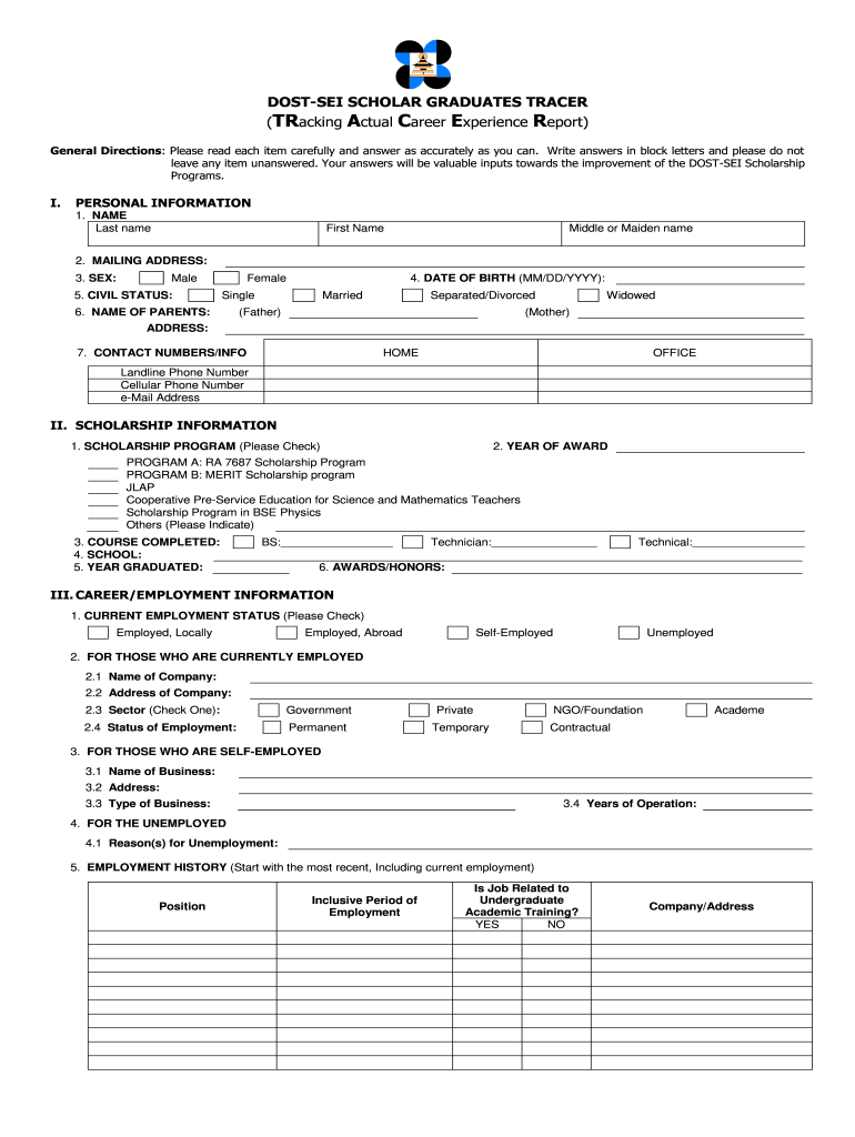 PH DOST SEI Scholar Graduates TRACER Form Fill Online Printable 