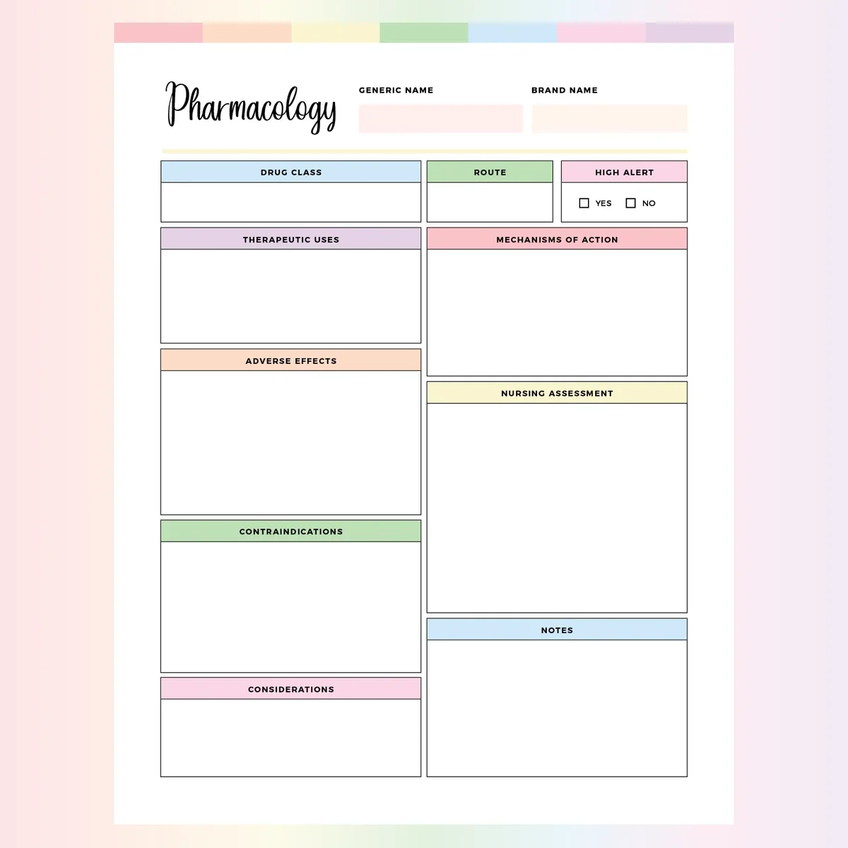 Pharmacology Template Printable Instant Download PDF A4 And US 