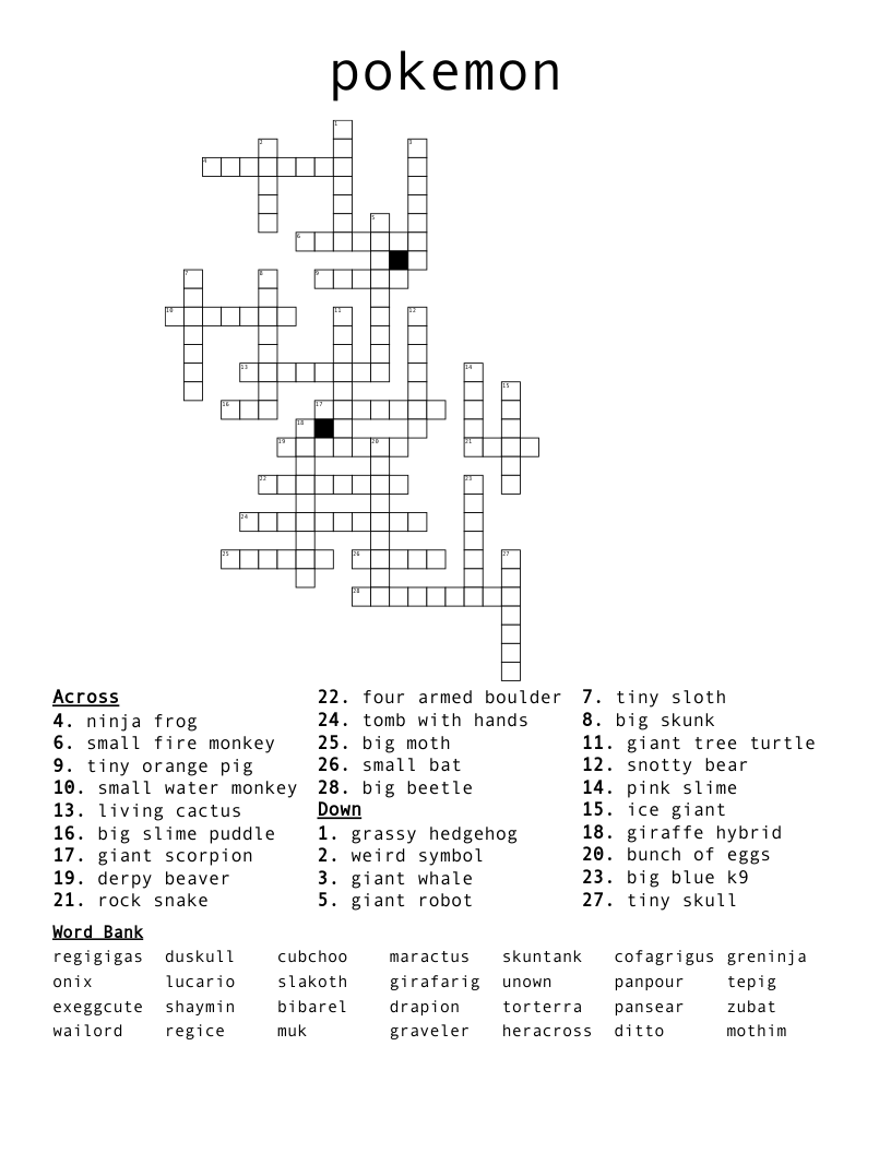 Free Printable Pokemon Crossword Puzzles