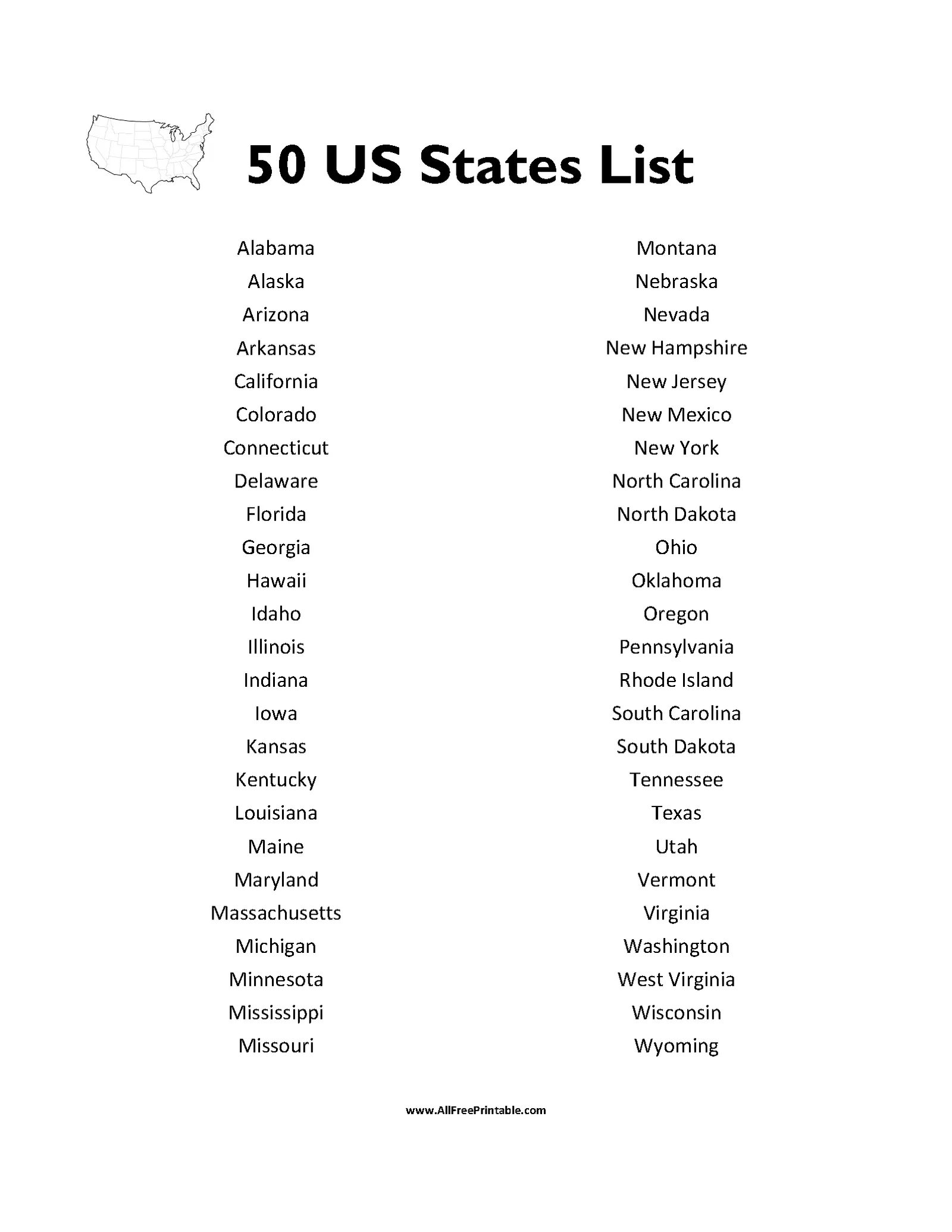 List Of Fifty States Printable