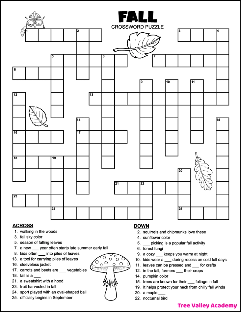 Printable 4th Grade Fall Crossword Puzzle Tree Valley Academy