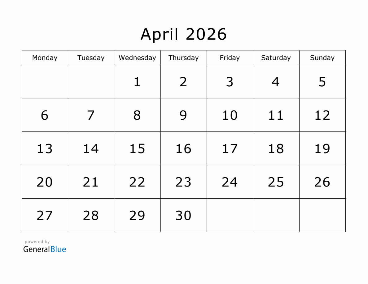 April 2026 Calendar Monday Start