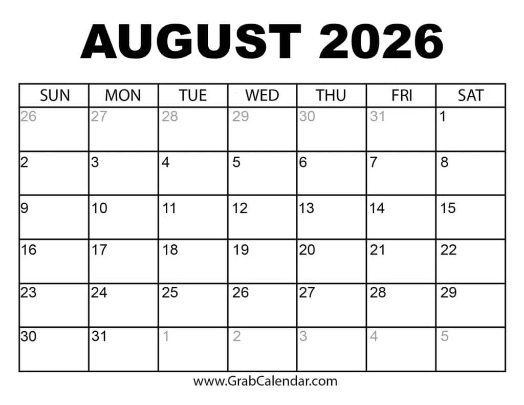 Blank Calendar August 2026 June 2026 Free Printable