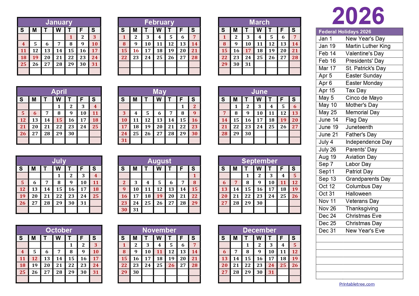 Printable Editable Calendar 2026