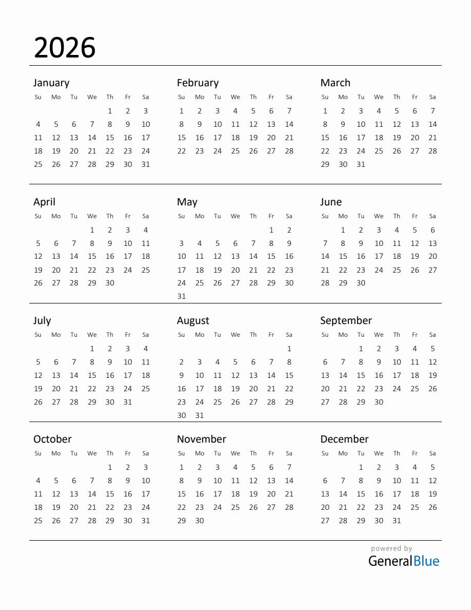 Printable Calendar 2026 Free