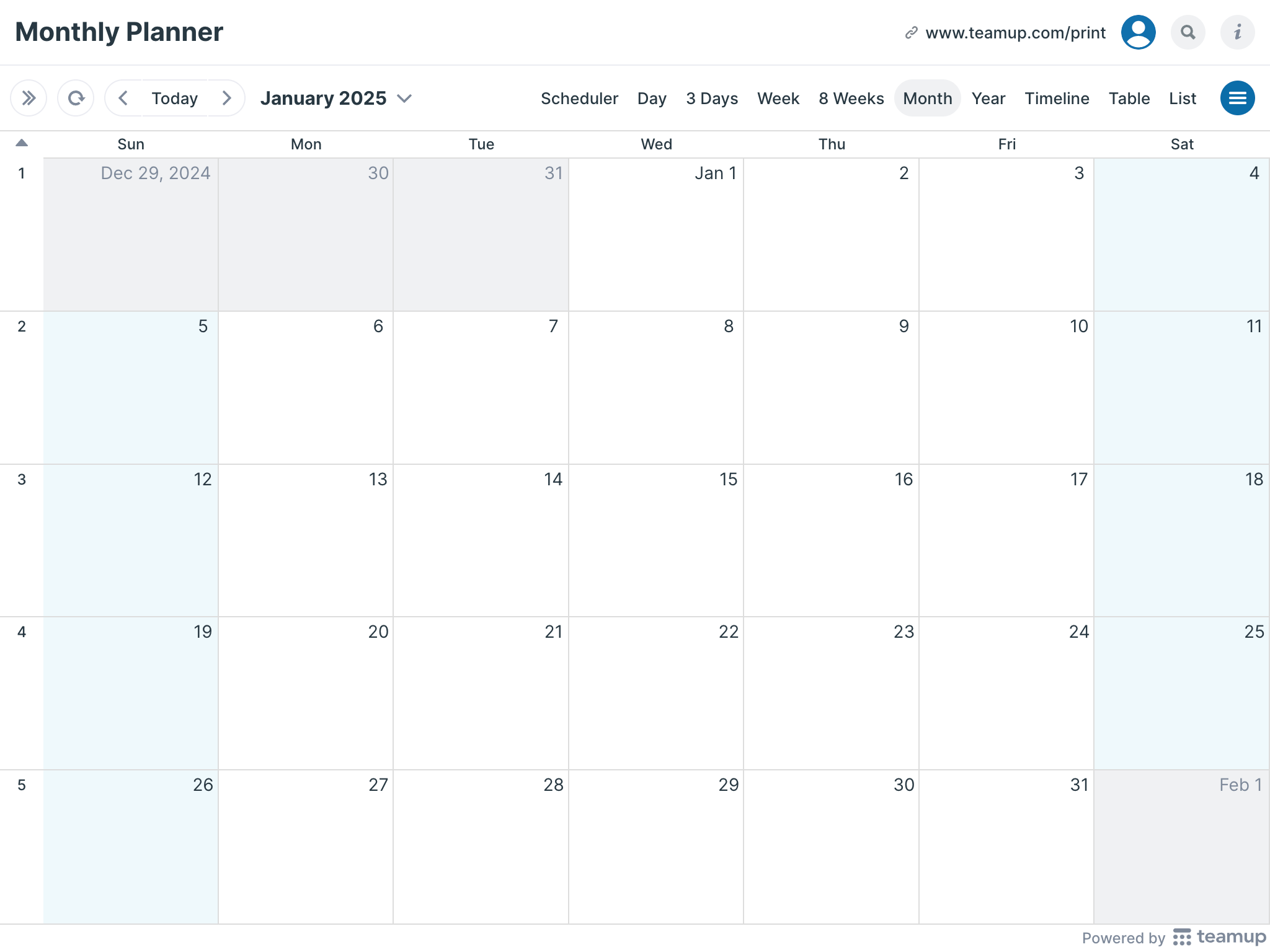 Blank Printable Monthly Calendar 2025