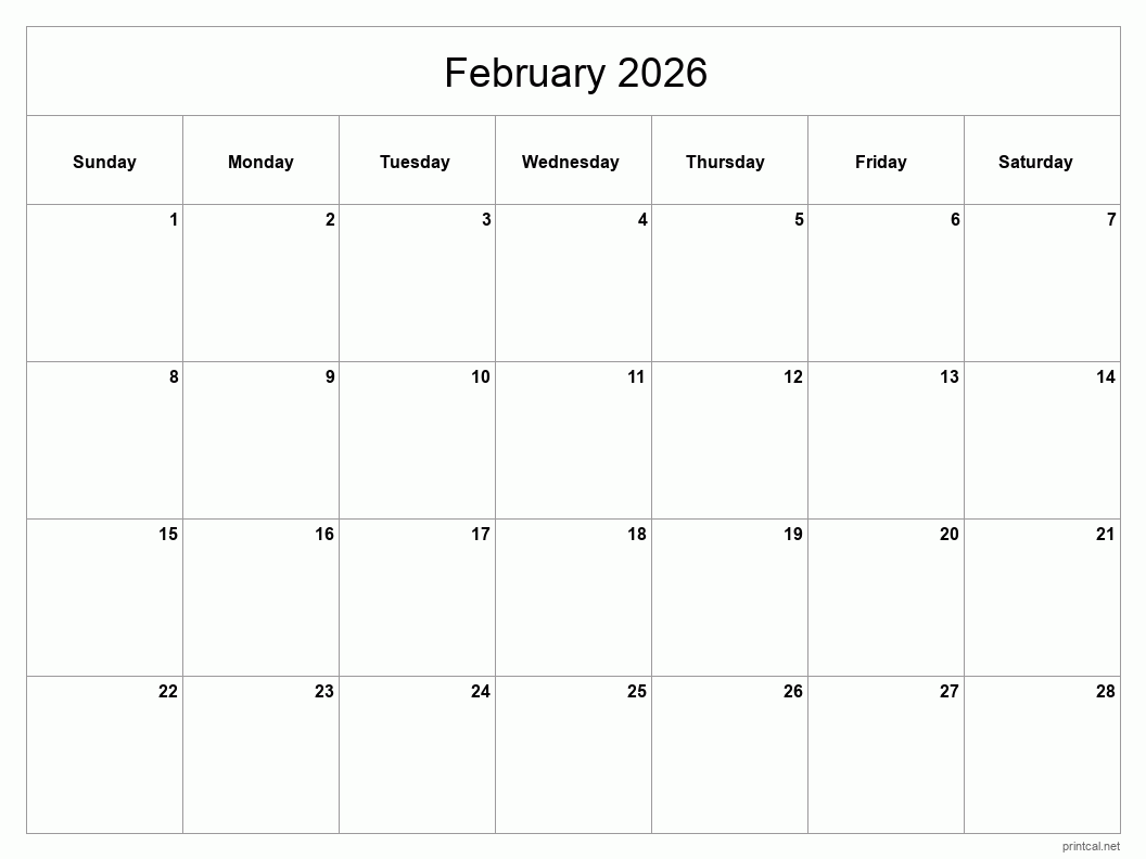 Blank February 2026 Printable Calendar
