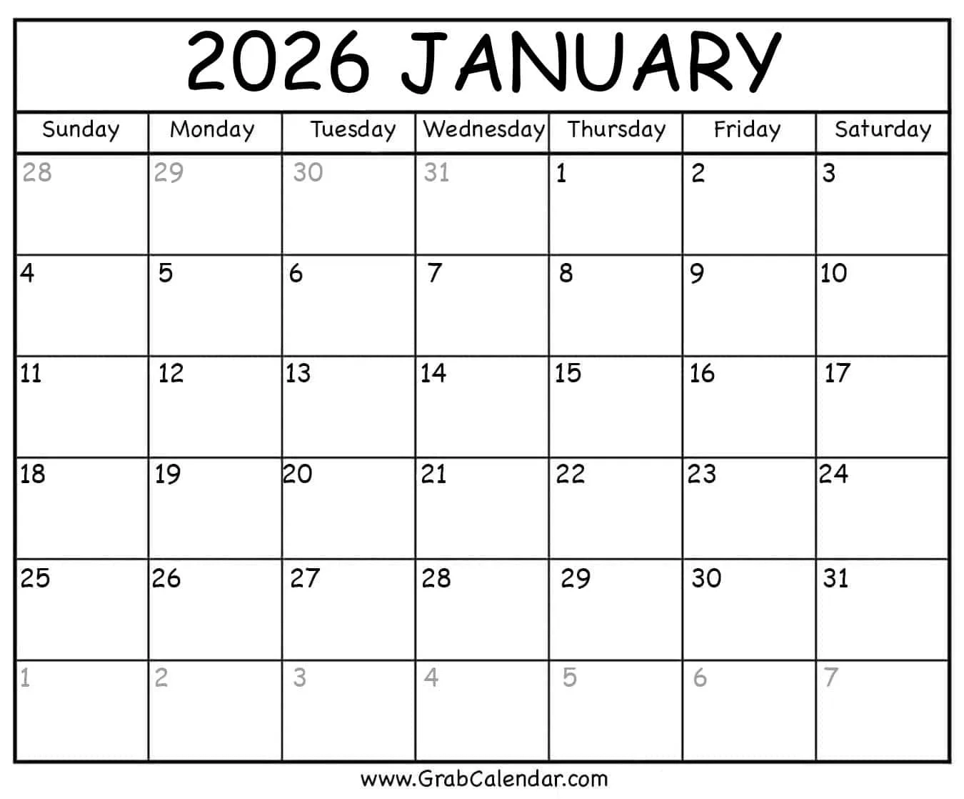 Free Printable Blank 2026 Calendar