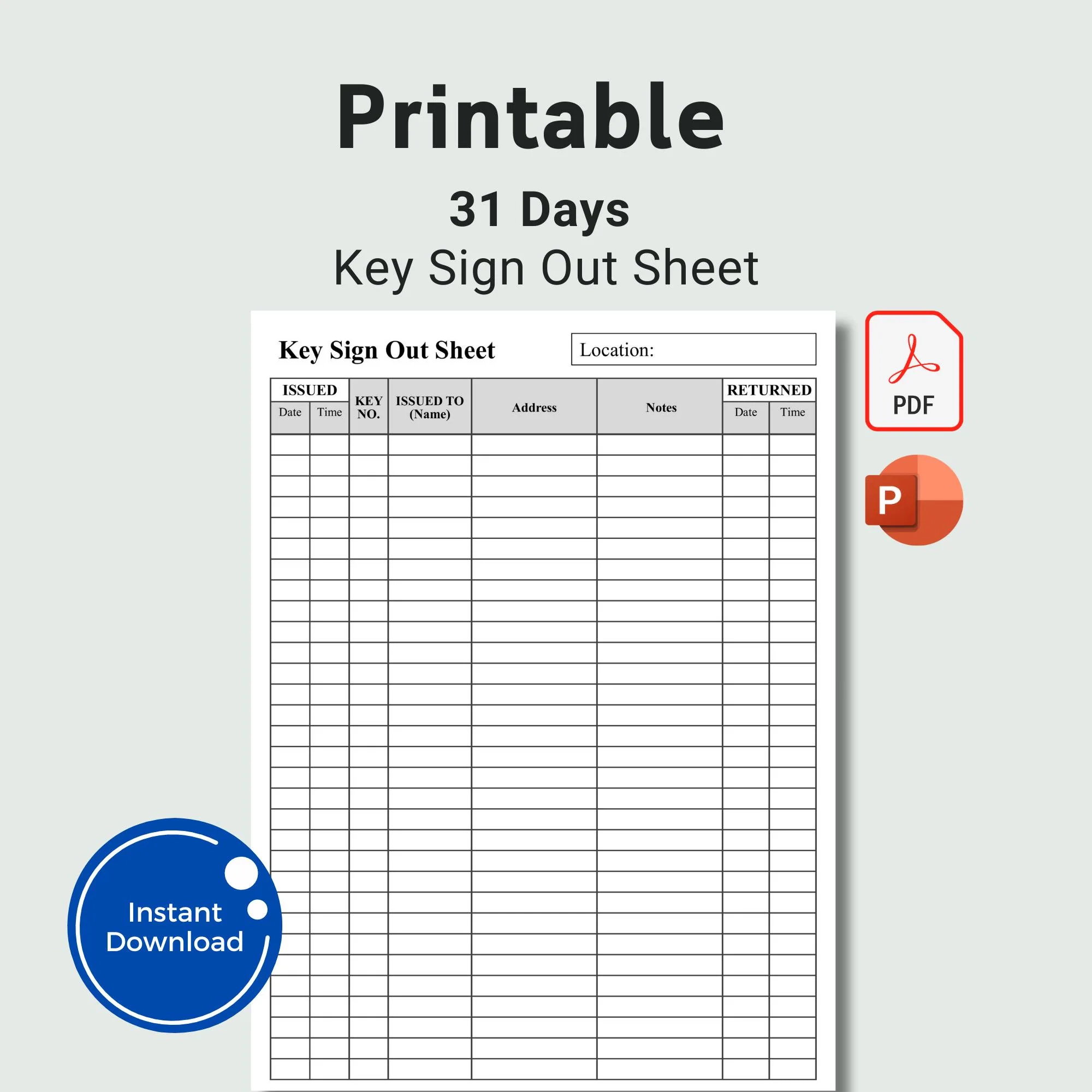 Printable Key Sign Out Sheet Key Control Log PDF Powerpoint 
