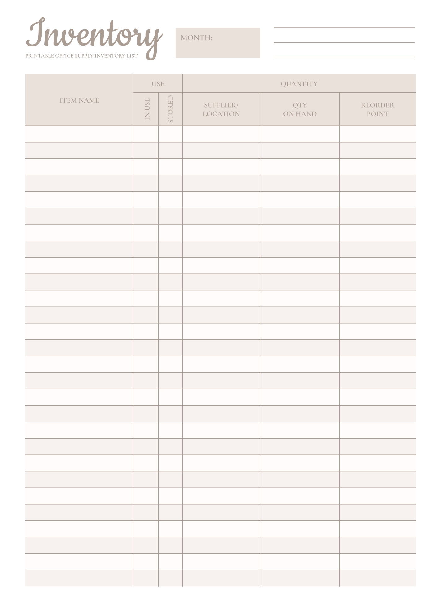 Printable Free Office Supply Inventory List Template