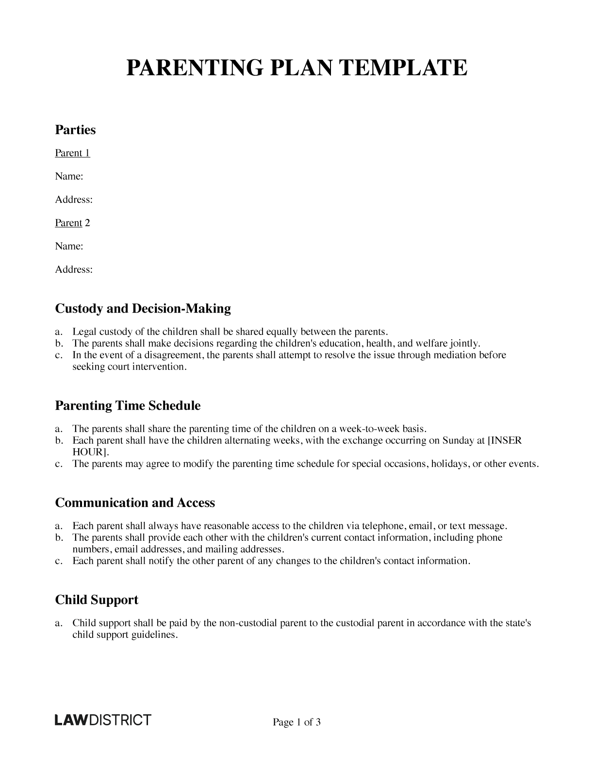 Printable Parenting Plan Template PDF amp Word Lawdistrict