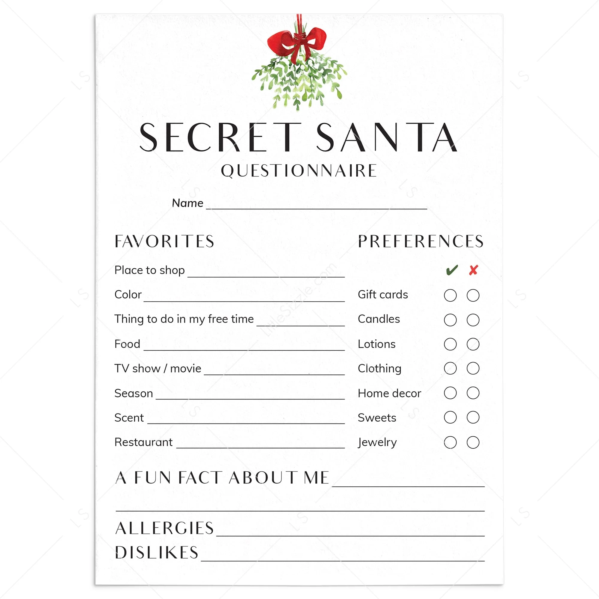 Printable Secret Santa Form Download Secret Santa Questionnaire