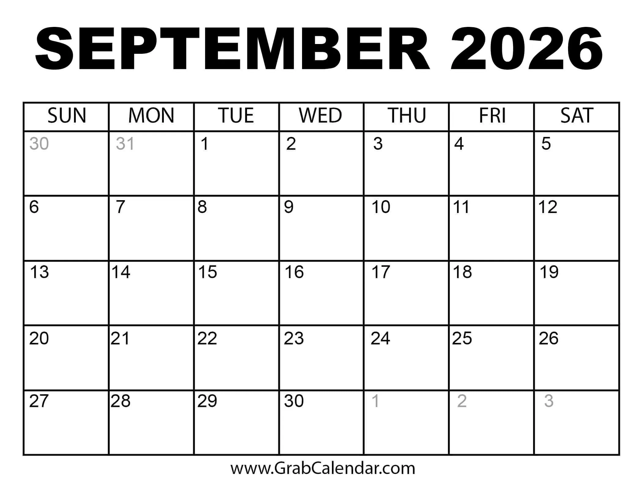September 2026 Blank Calendar Pages
