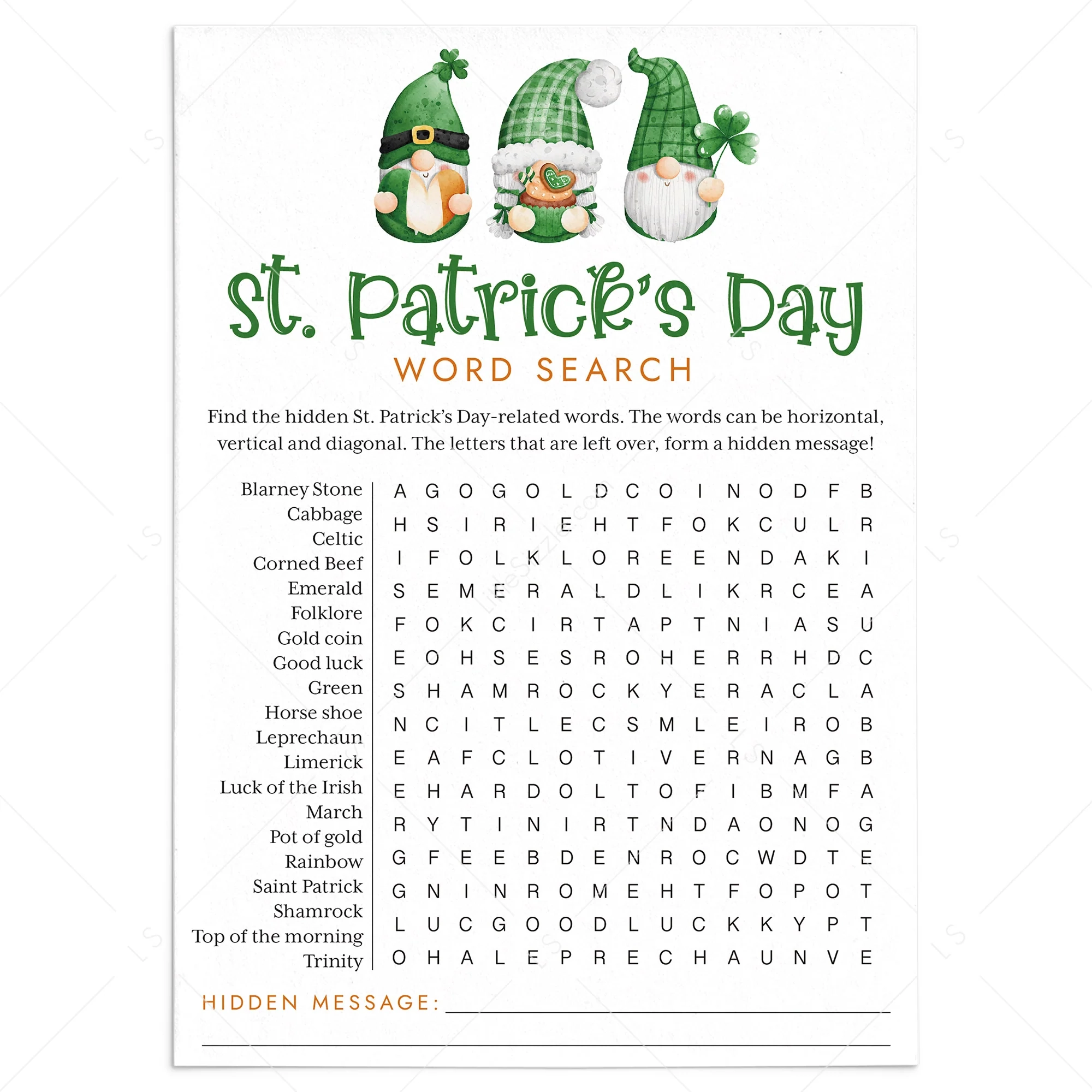 Printable St Patrick's Day Word Search Puzzle