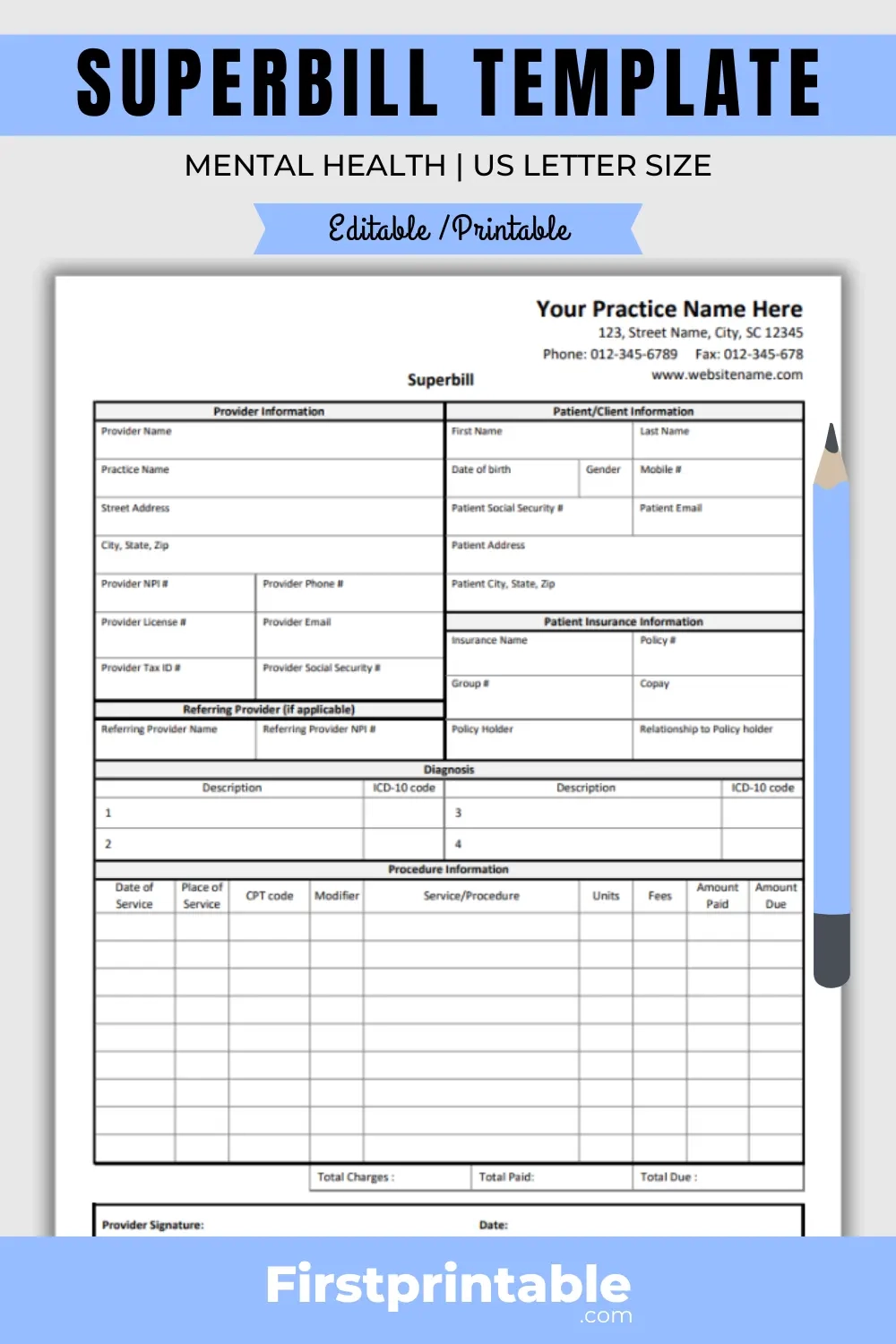 Printable Superbill Template Mental Health Fillable PDF 