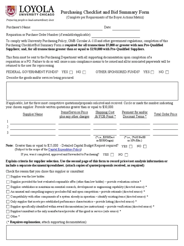 Purchasing Checklist And Bid Summary Form Capital Expenditure 