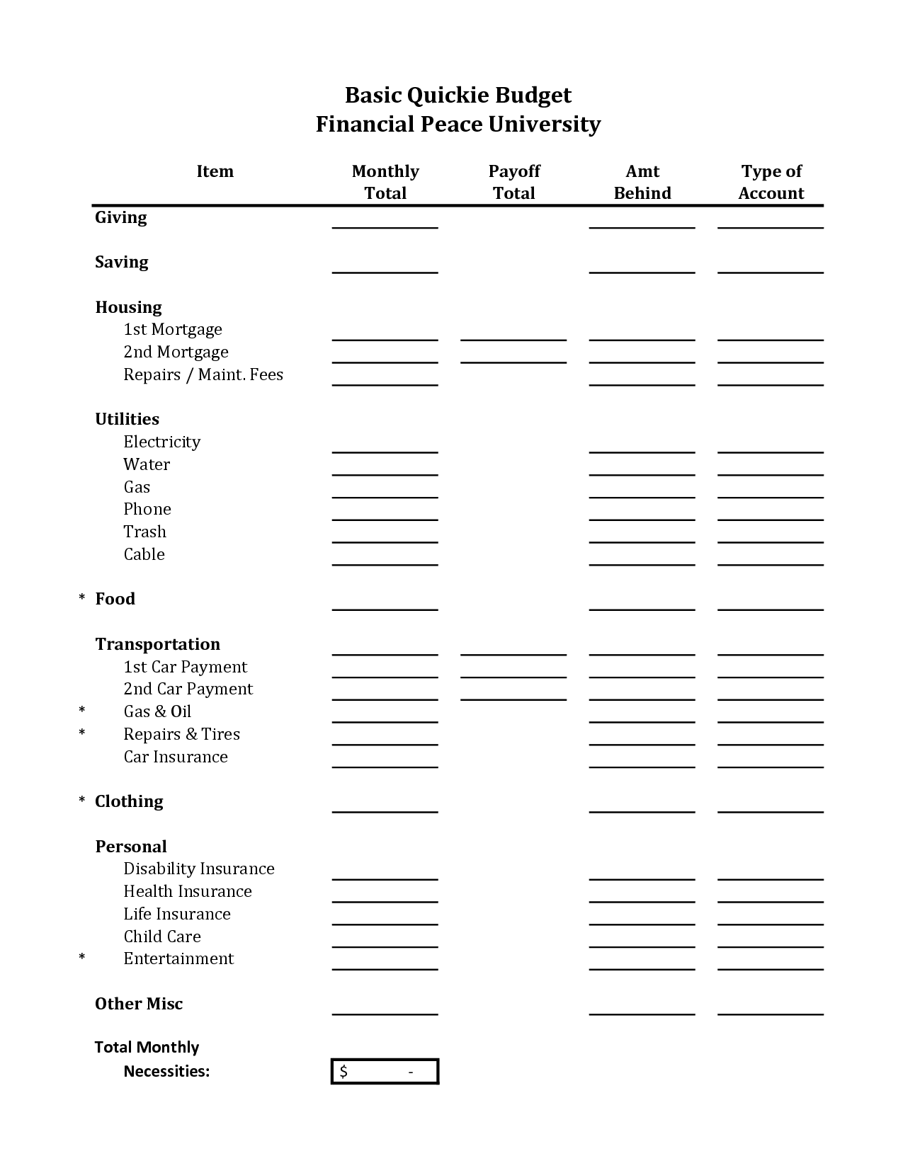 Dave Ramsey Budget Worksheet Printable Pdf