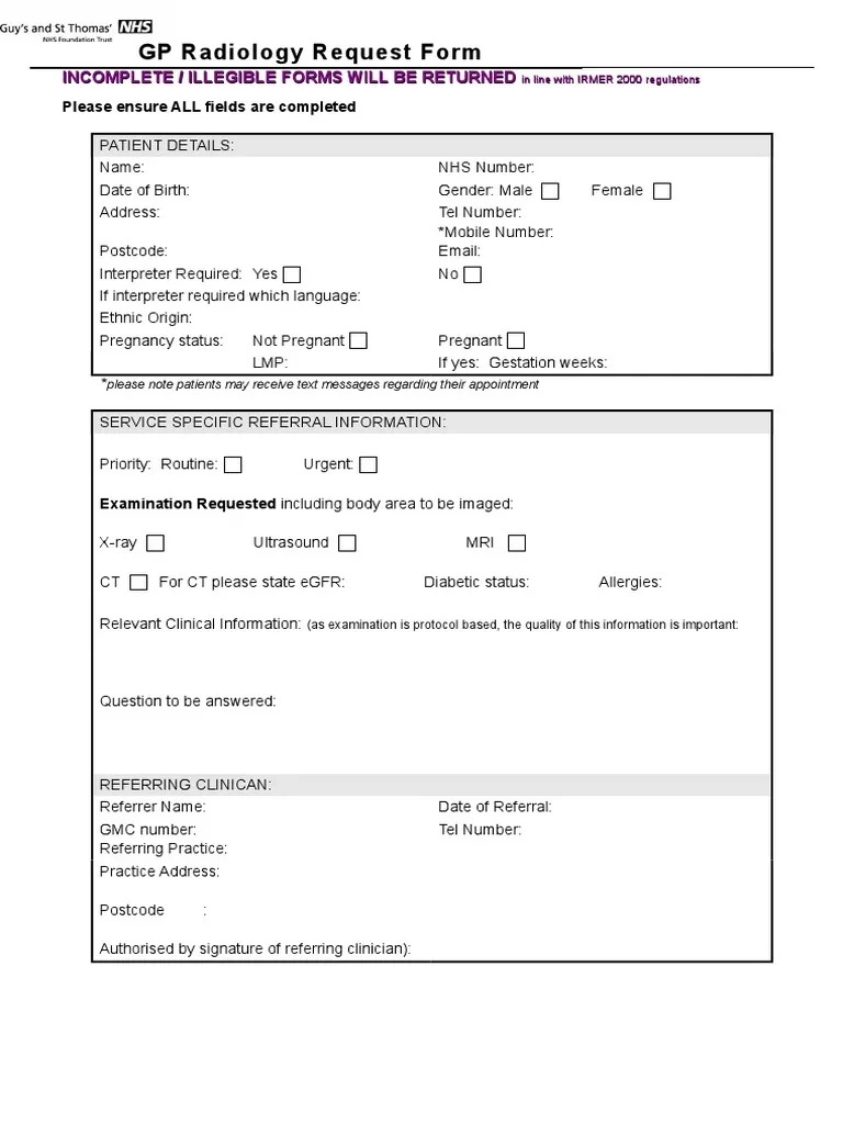 Radiology Request Form PDF Radiology National Health Service