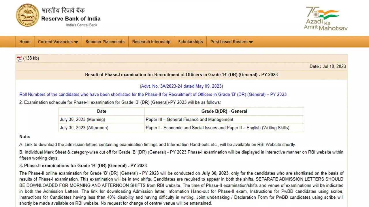 RBI Grade B 2023 Phase 1 Result Released On Rbi in Download 