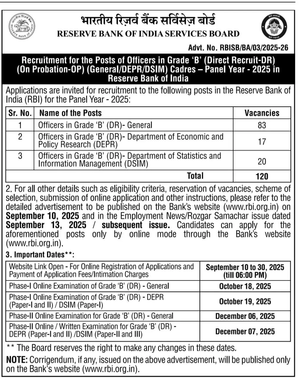 RBI Grade B Notification 2025 Out For 120 Vacancies Apply Online 