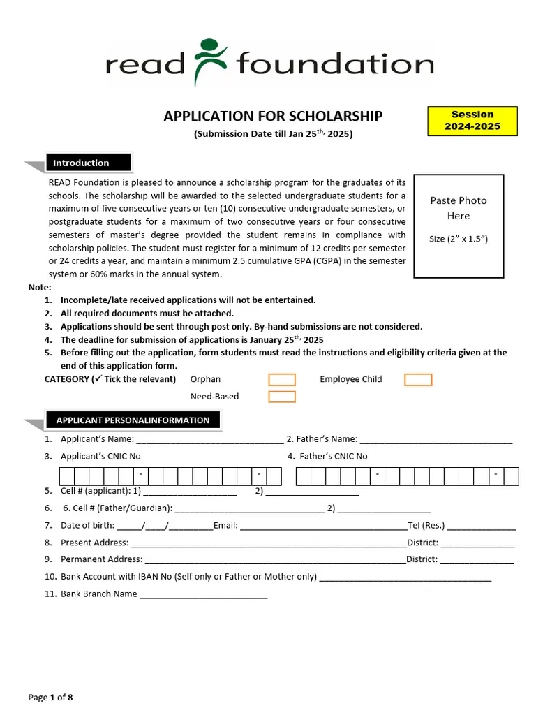 READ Scholarship Form 2024 2025 PDF Academic Degree 