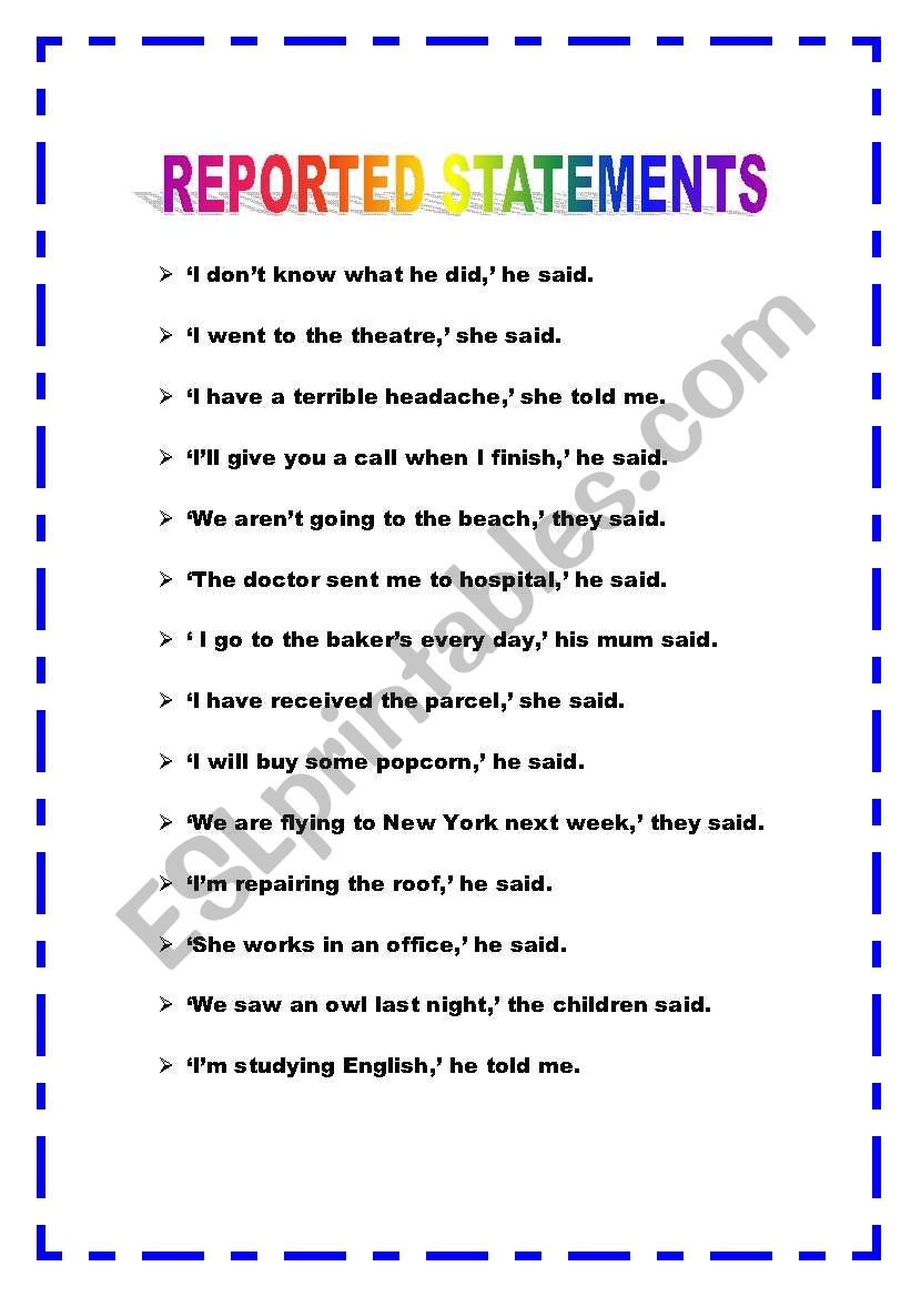 Reported Speech Statements ESL Worksheet By Lolain Worksheets 