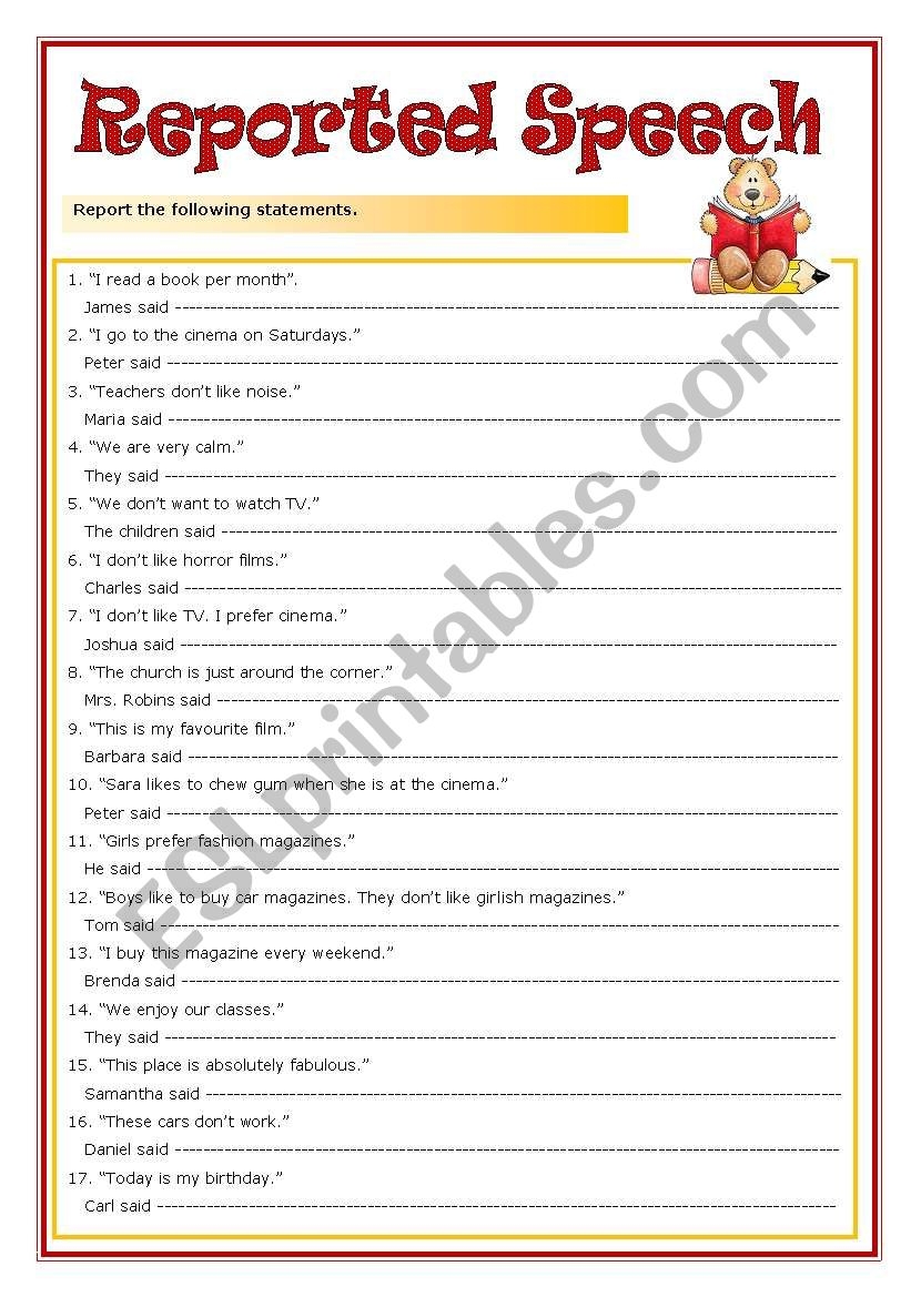 Esl Printable Worksheets Report Speech