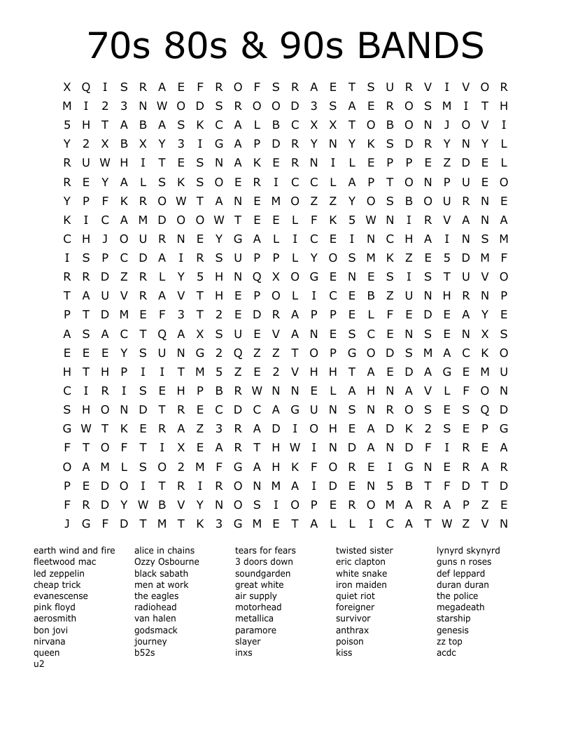 90s Music Crossword Puzzles Printable