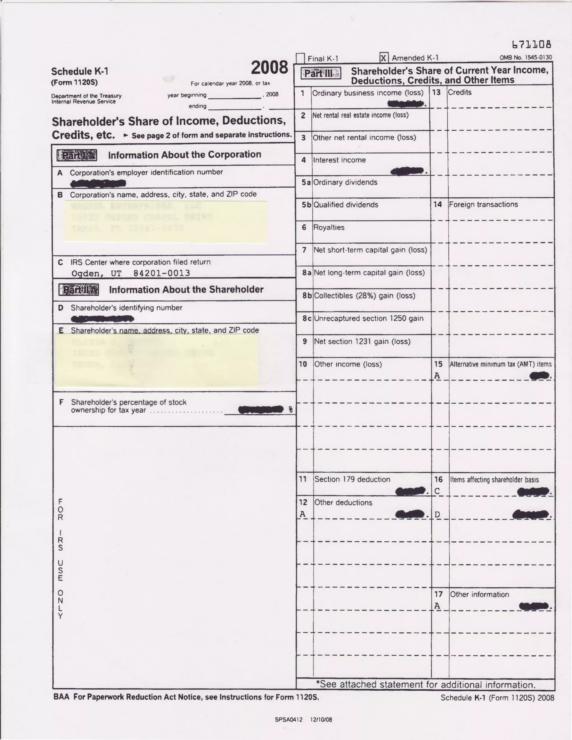 Sample Schedule K 1 Copy PDF