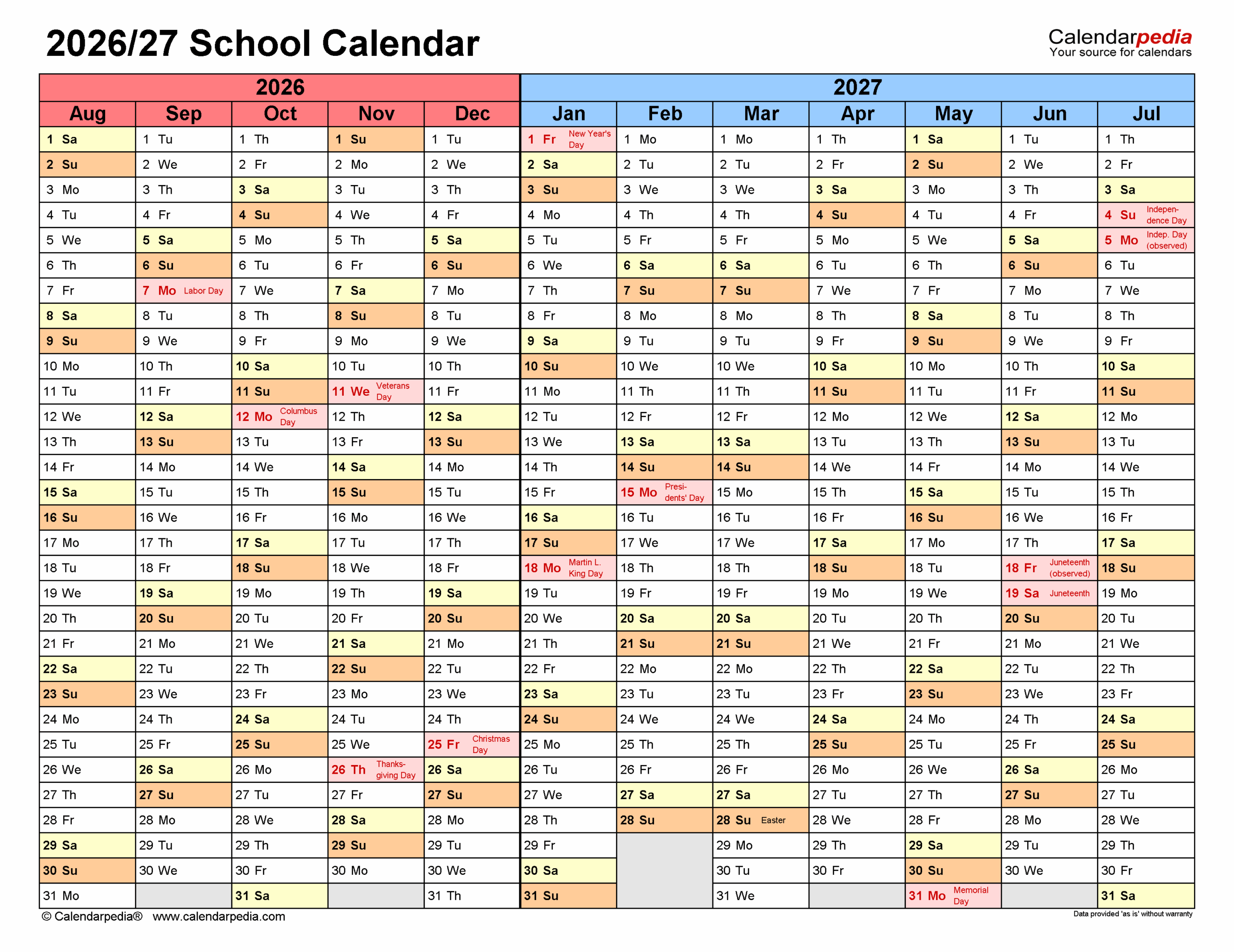 2026-27 School Calendar Printable Blank