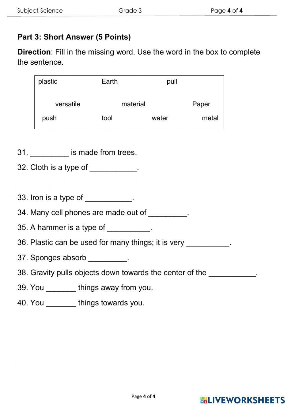 Science Final Exam For Grade 3 Interactive Worksheet Live 