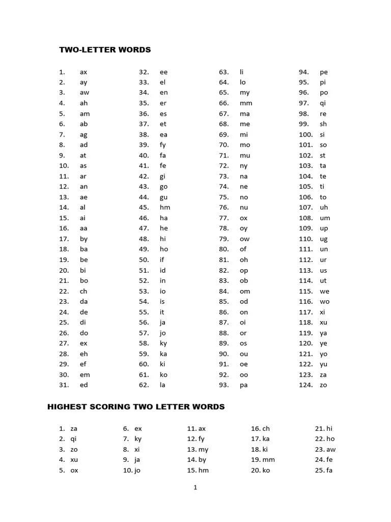 List Of 2 Letter Scrabble Words Printable