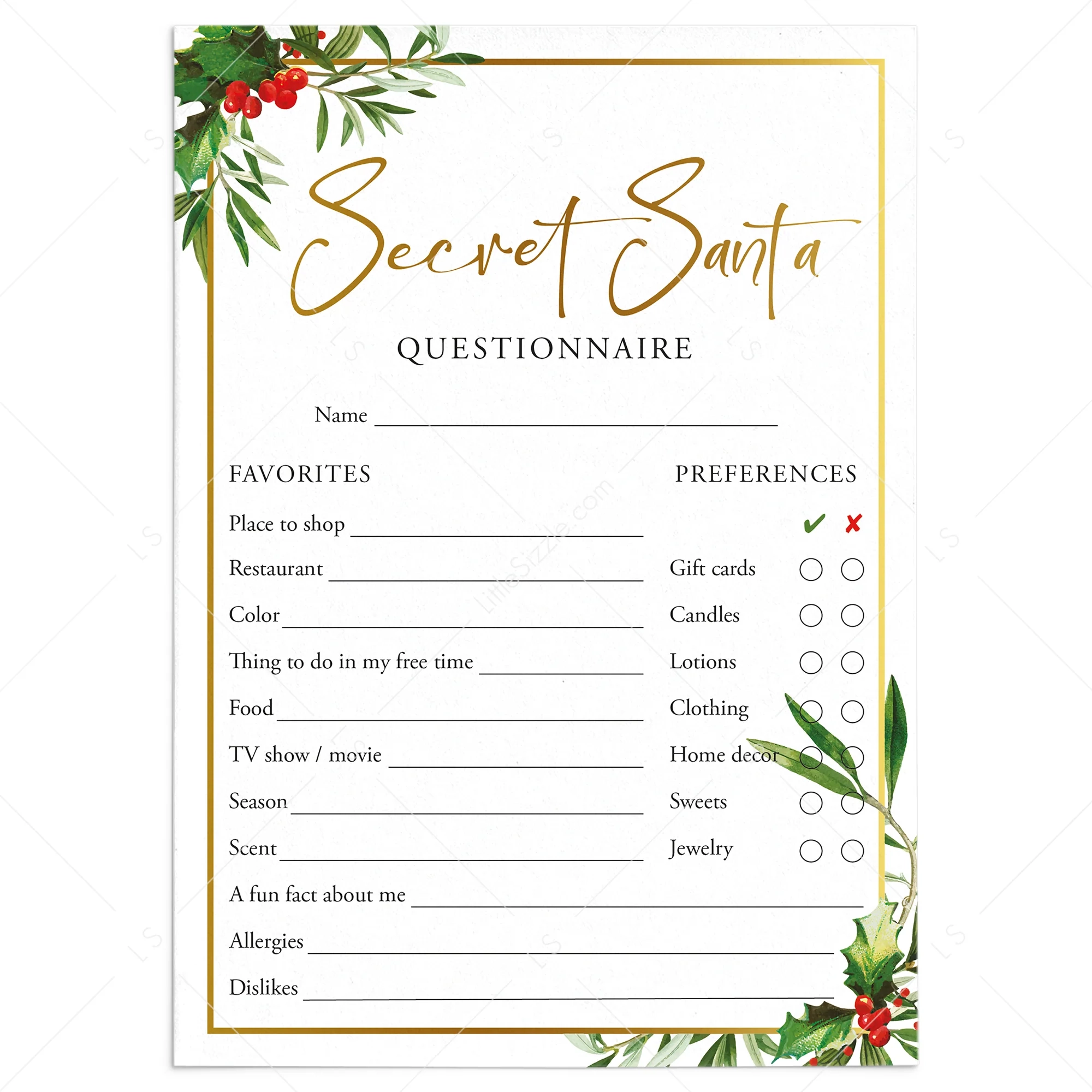 Secret Santa Template Form Printable