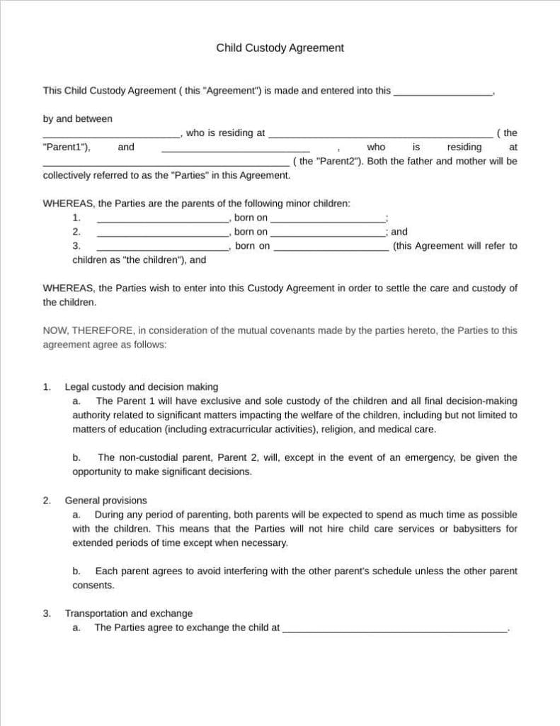 Printable Legal Documents Child Custody