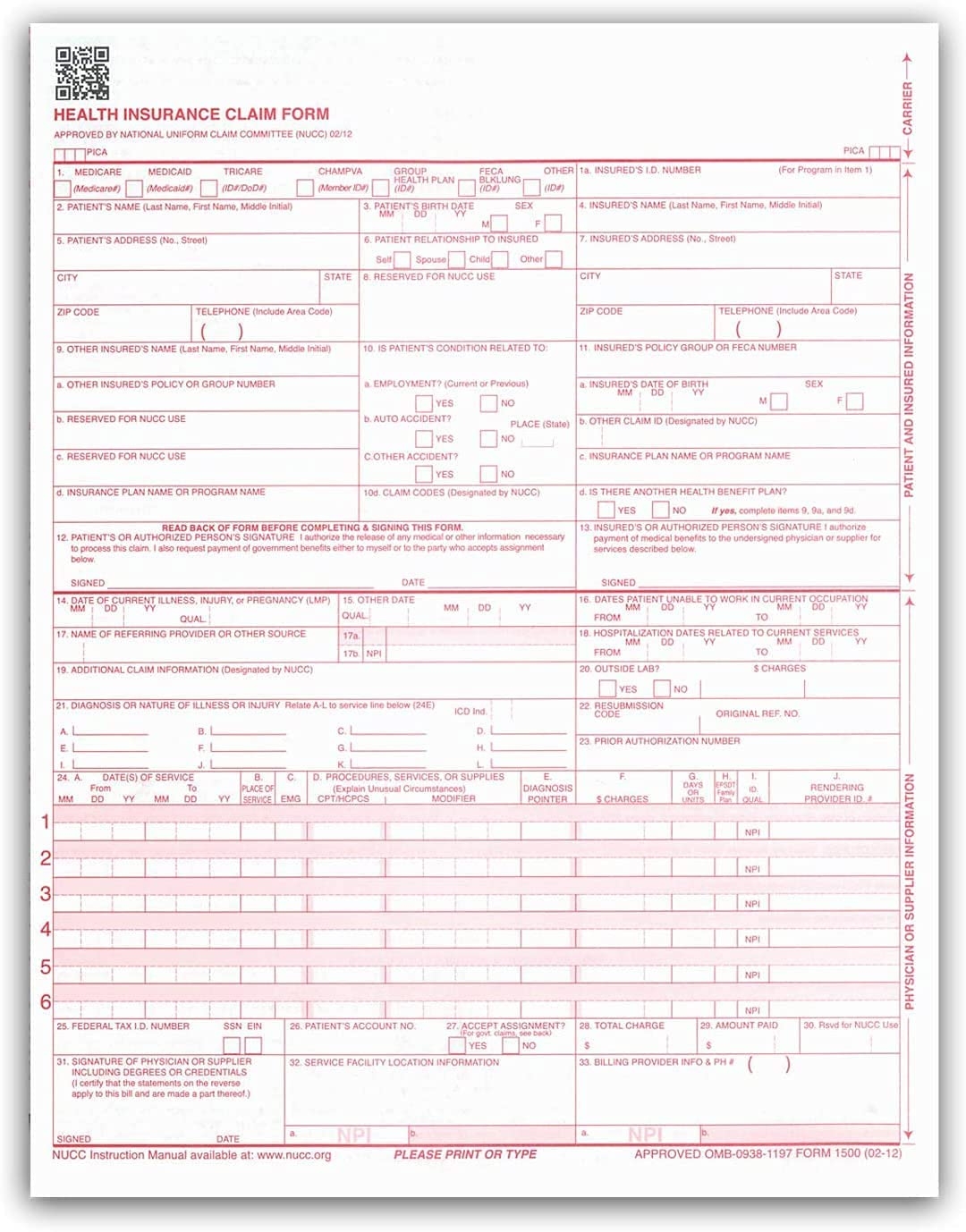 SecurityDocs CMS 1500 Gesundheitsversicherungsformulare 500 Blatt 