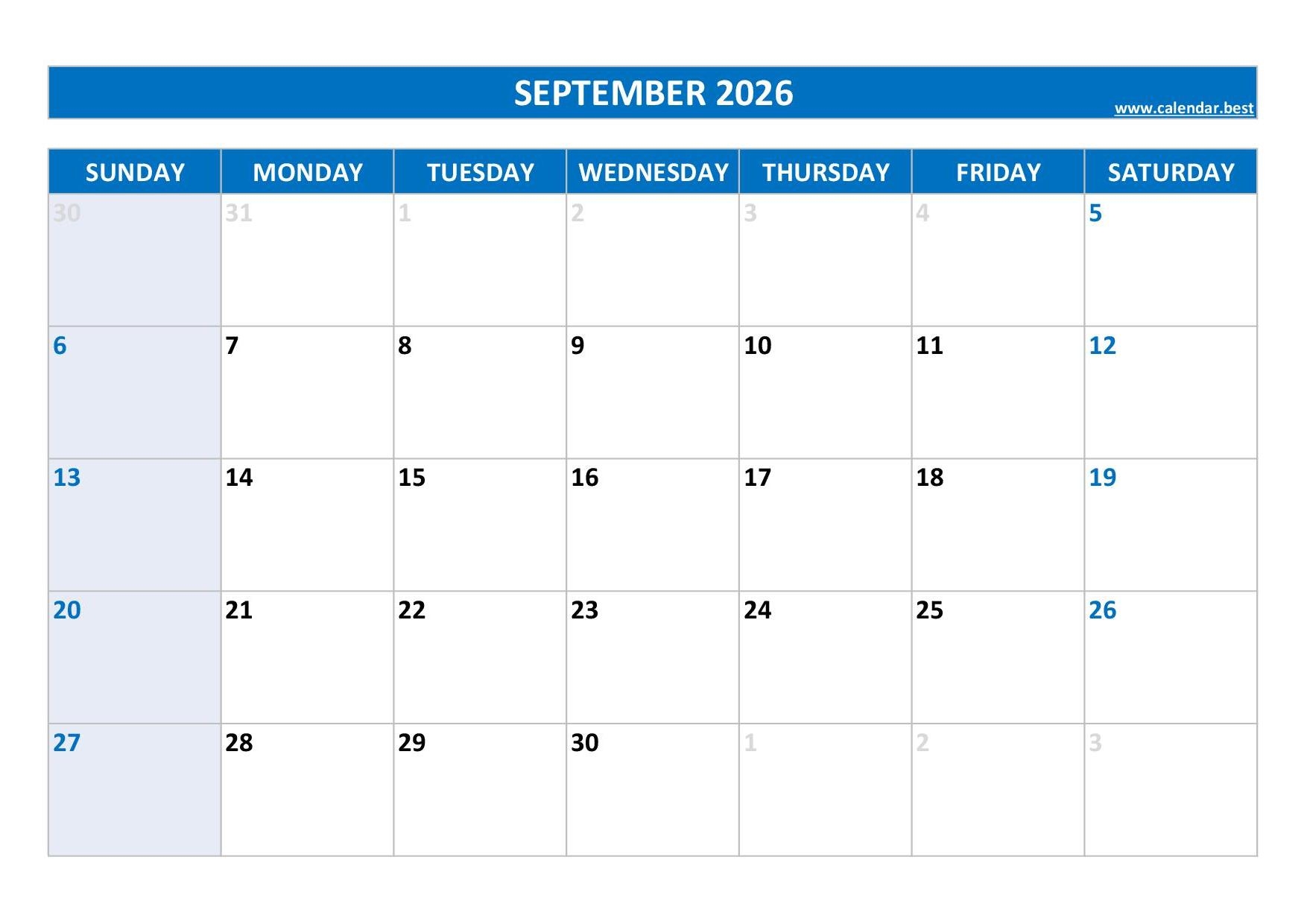 Free Printable Sept 2026 Calendar Blank