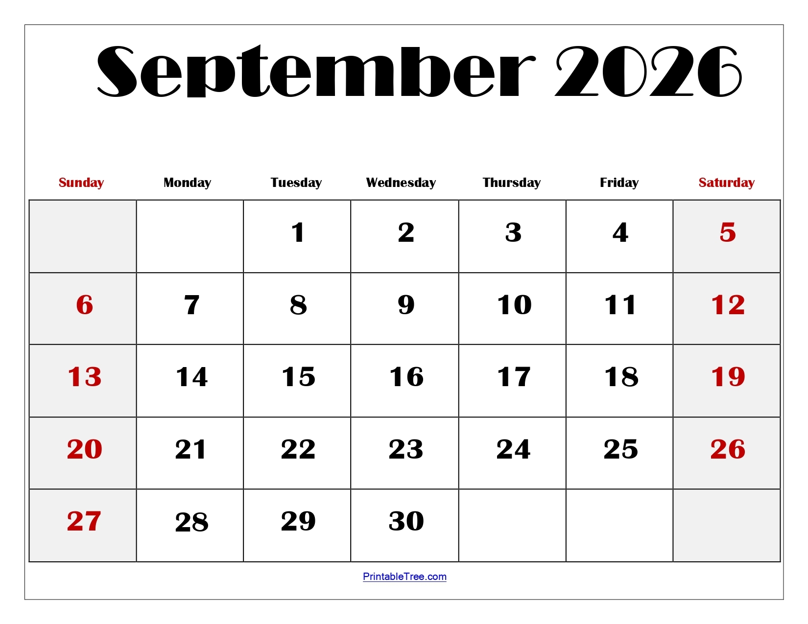 September 2026 Calendar Blank Printable