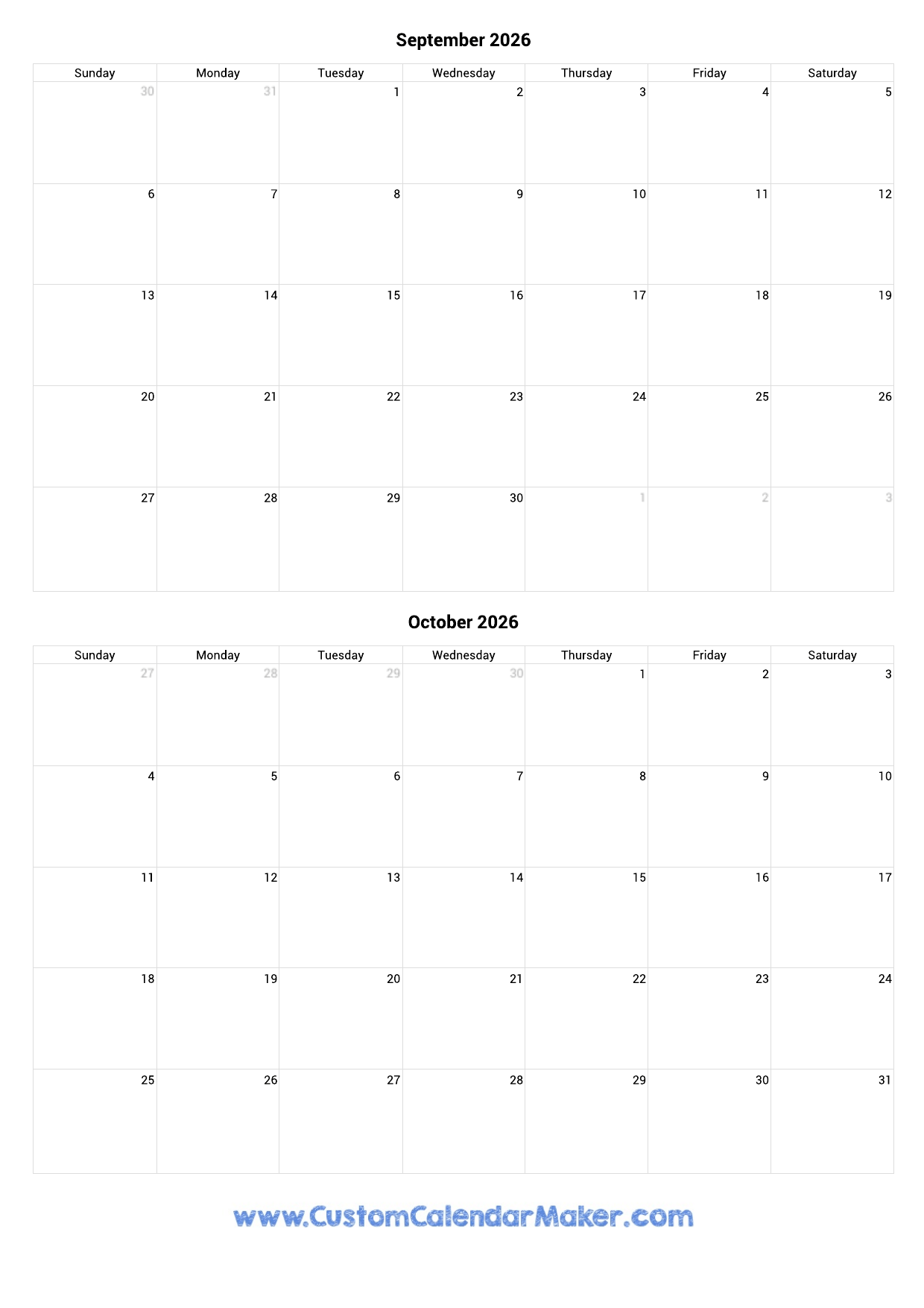 Blank September And October 2026 Calendar Printable