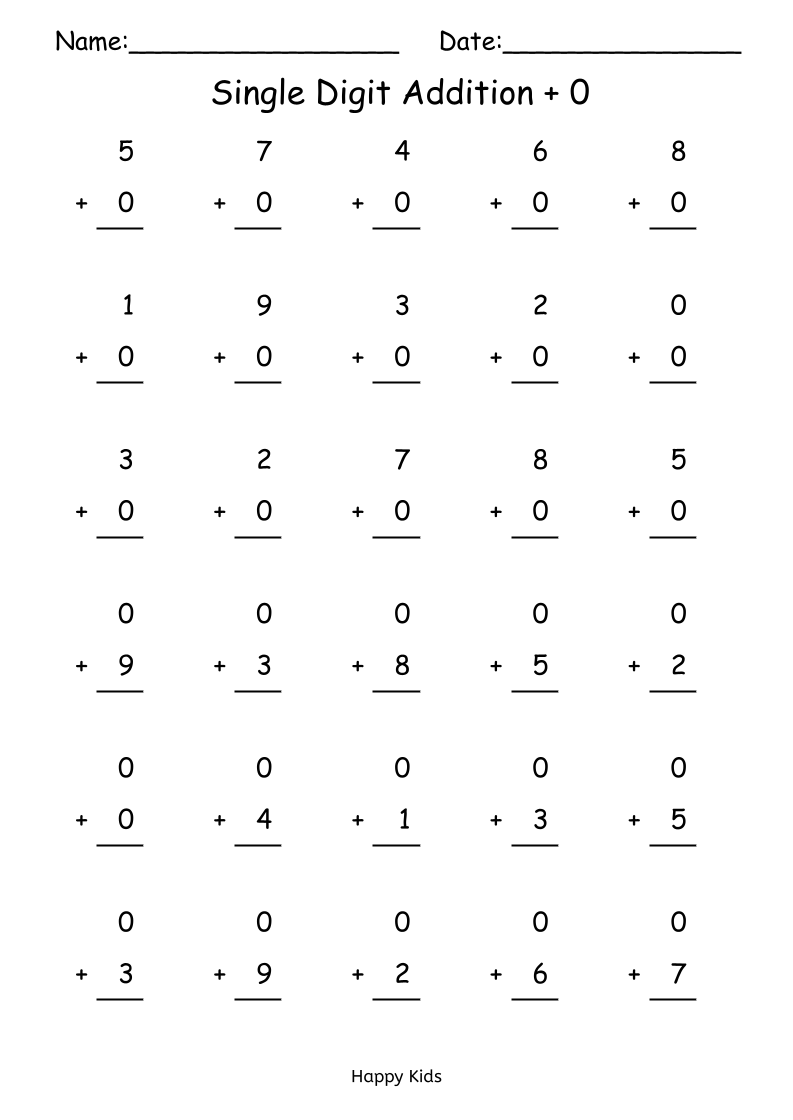 Free Printable Single Digit Addition Sheets