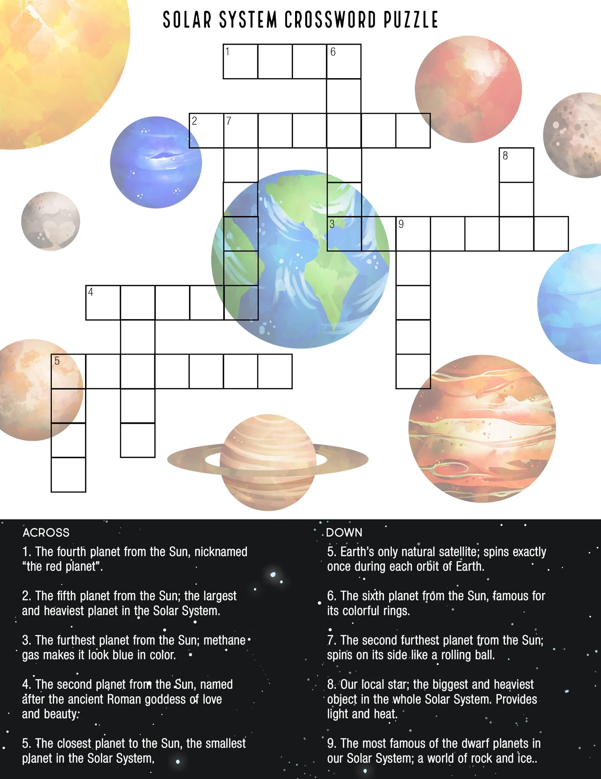 Solar System Crossword Puzzle Educational Printable Digital 
