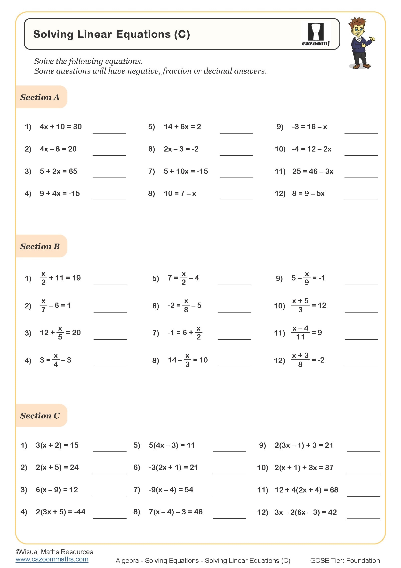 Solving Equations Worksheets Solving Linear Equations Worksheets 