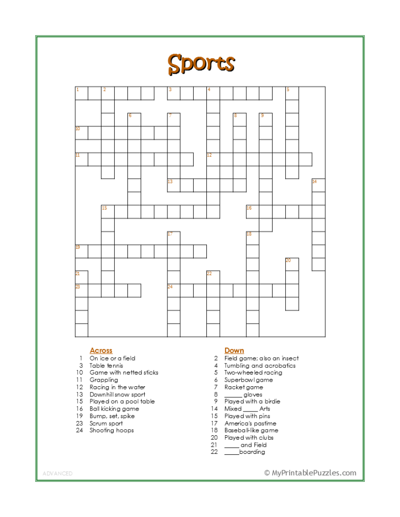 Sports Crossword Puzzle Advanced My Printable Puzzles 
