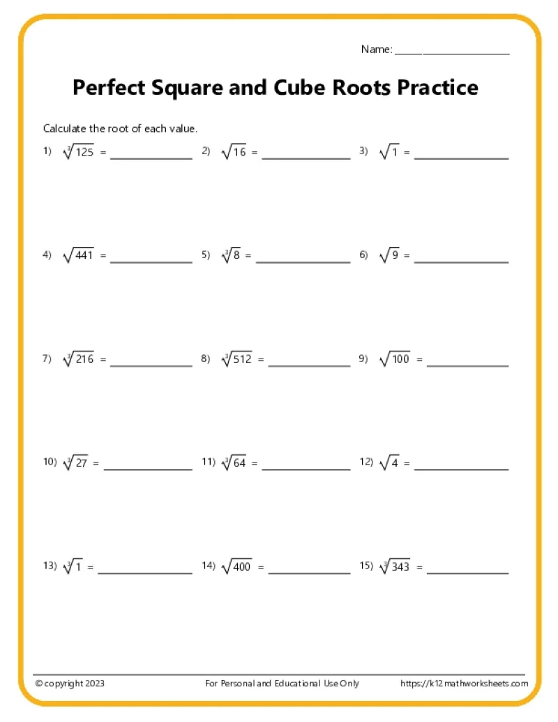 Square Roots Cube 4th 5th amp 6th Roots K12 Math Worksheets