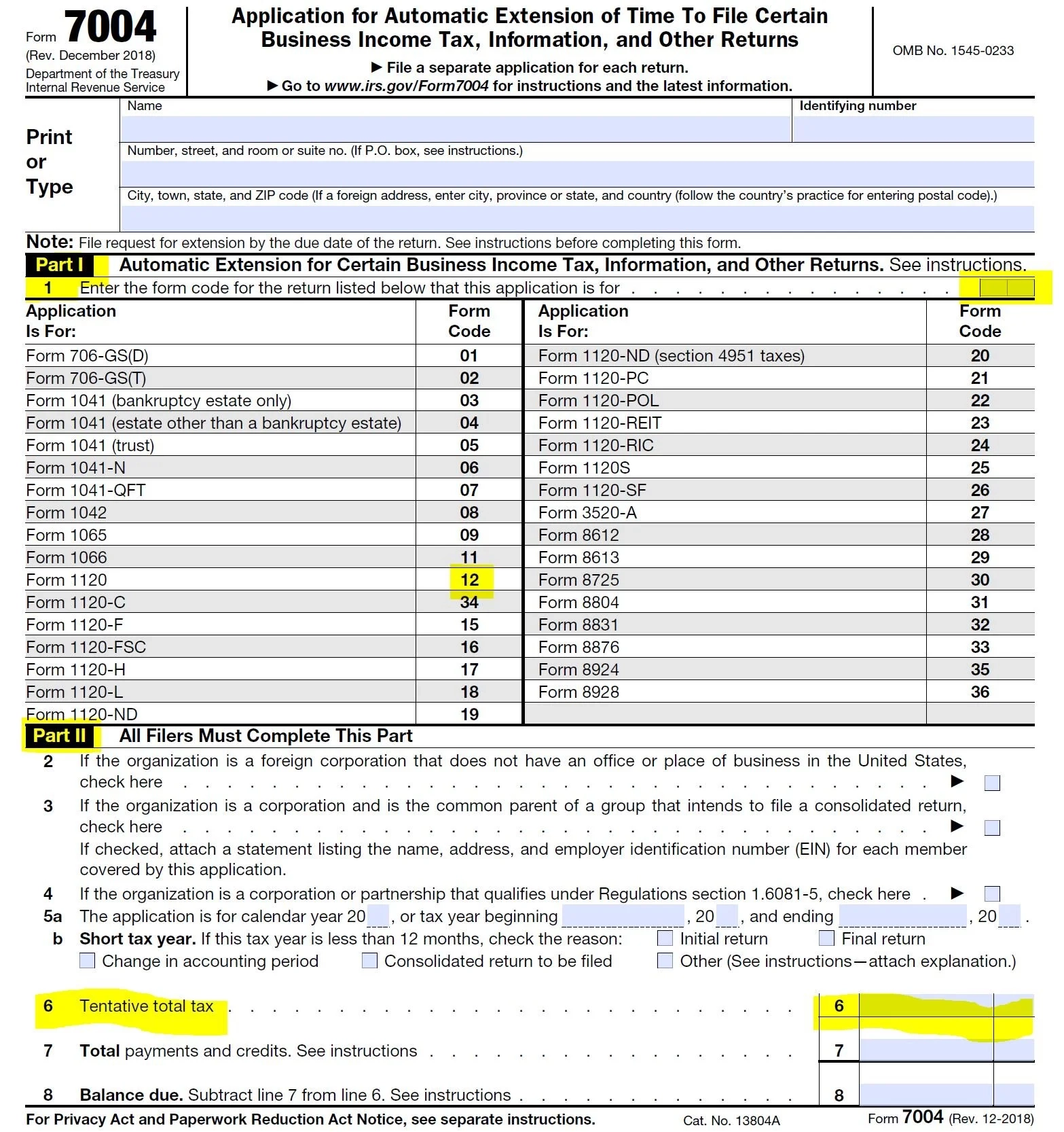 Irs Form Extension 7004