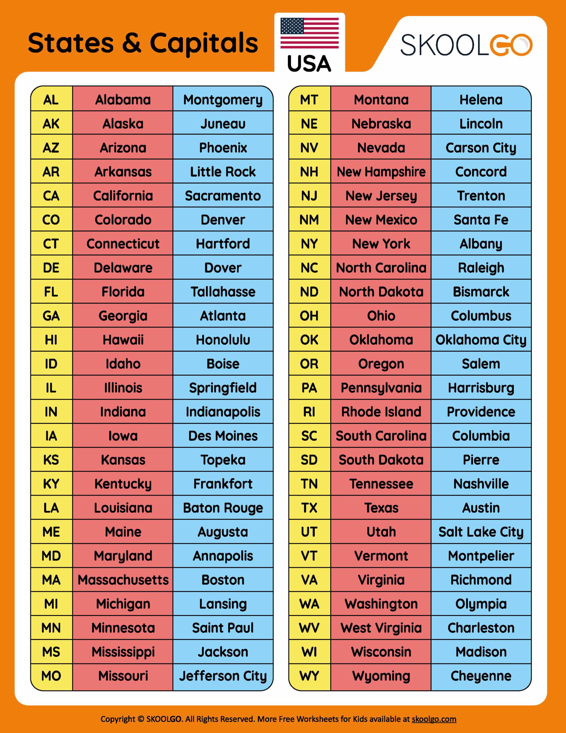 States And Capitals Free Printable Worksheets