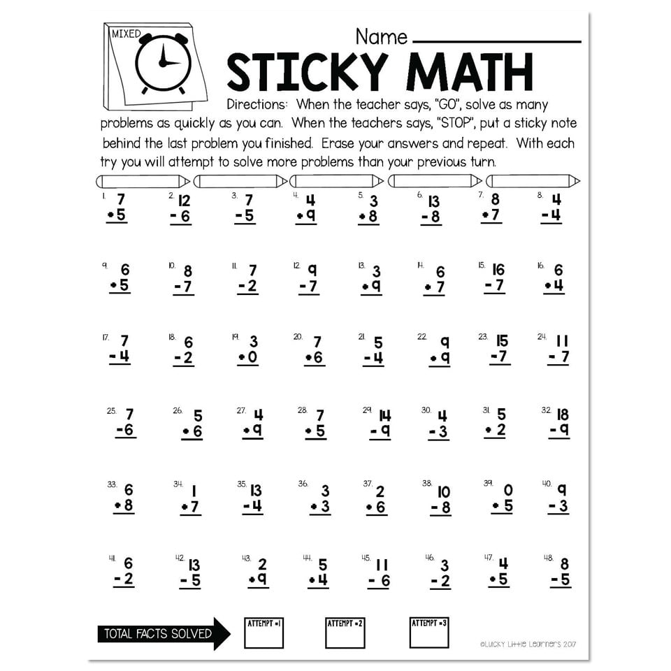 Sticky Math A New Way To Use Math Facts WorkSheets In 2nd Grade 