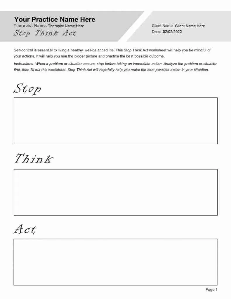 Stop Think Act Worksheet Editable Fillable Printable PDF 
