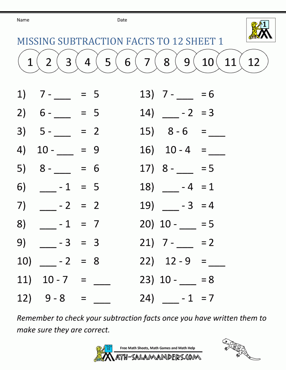 First Grade Subtraction Worksheets Printable